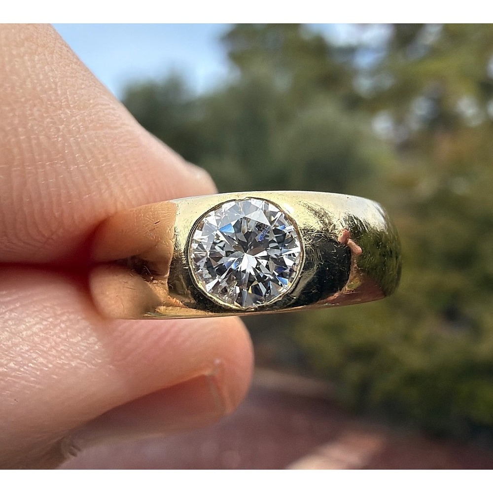 .50 ct Bezel Flush 18k Solid Yellow Gold Natural Diamond Ring - Thick Band 7.86g - Picture 4 of 10